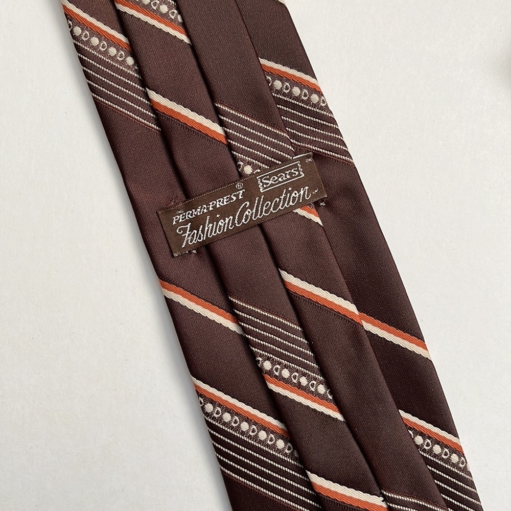Vintage 70s Sears Clip-On Tie Brown Tan & Orange Stripe Necktie - Picture 3 of 10